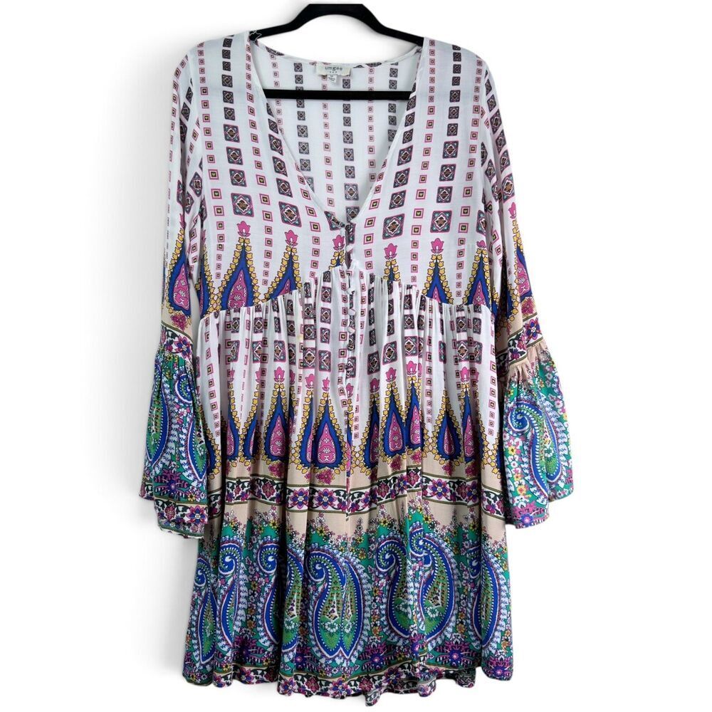 umgee paisley boho babydoll mini dress bell sleeves button front colorful size m